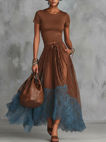 Stylish Stretch T-shirt And Lace-trimmed Skirt Two-piece Set 5823
