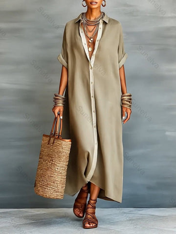 Women's Loose-fitting Linen And Cotton Shirt Dress 69ab