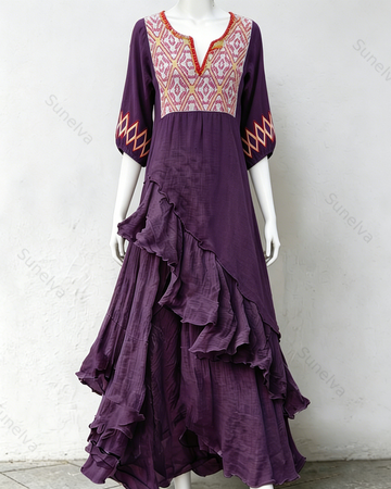 Women's Vacation Contrasting Color Irregular Ruffle Linen Dress 5023