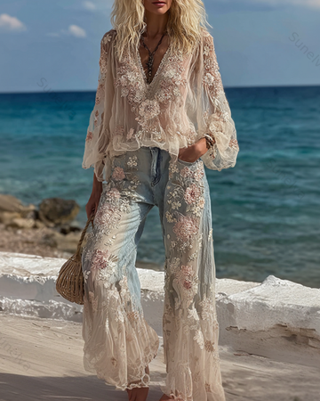 Women's Spring Resort Floral Embroidered Top & Pants Two-Piece Set6102