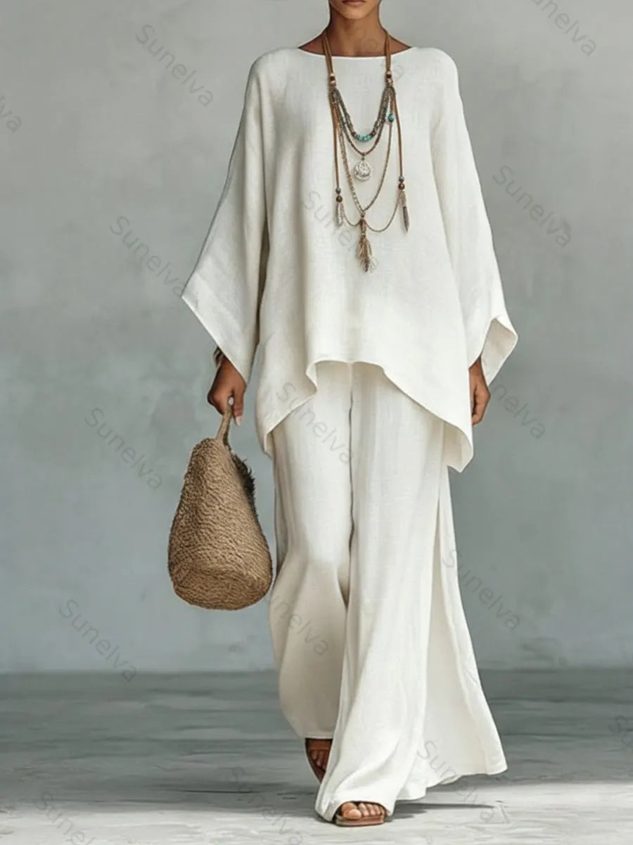 Women's Comfortable, Loose-fitting Linen And Cotton Top And Wide-leg Pants Two-piece Set. cc31