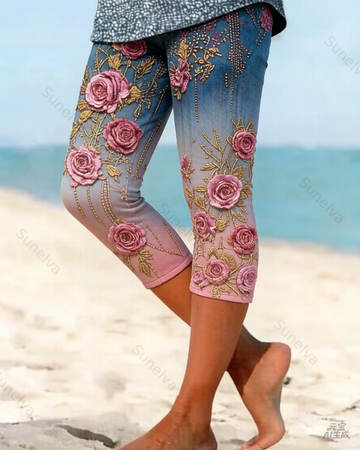 Women's Outdoor Fashion Gradient Color Floral Embroidery Leggings  2421