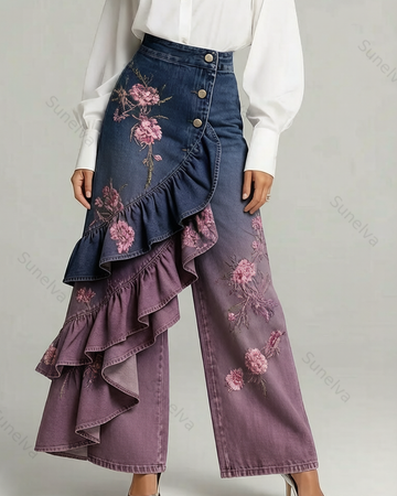 Women's Summer Elegant Floral Embroidery Ruffled Patchwork Gradient Denim Jeans  7667