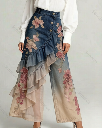 Women's Summer Elegant Floral Embroidery Ruffled Patchwork Gradient Denim Jeans  1407