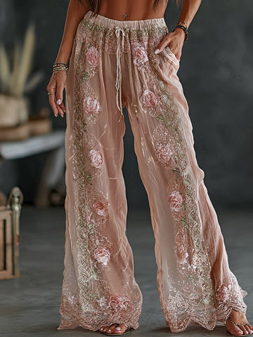 Women's Vintage Spring Floral Embroidered Art Print Flowy Linen Blend Casual Pants 1513