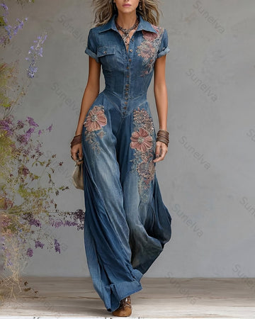 Women's Summer Elegant Floral Embroidered Patchwork Linen Jumpsuit 7403