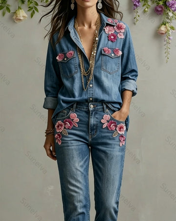 cp Women's Summer Pink Floral Embroidered Denim Two-piece set (top & pants) 2010