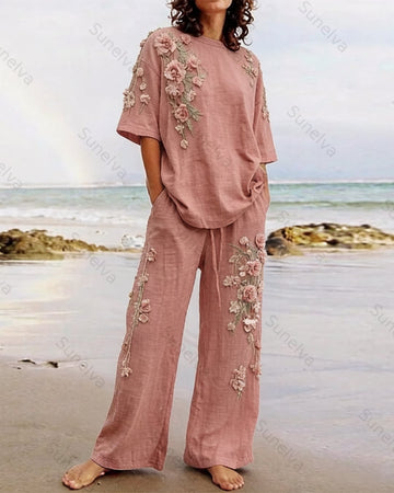 Women's Summer Resort Floral Embroidered Linen short-sleeved top & Pants Two-Piece Set   9886