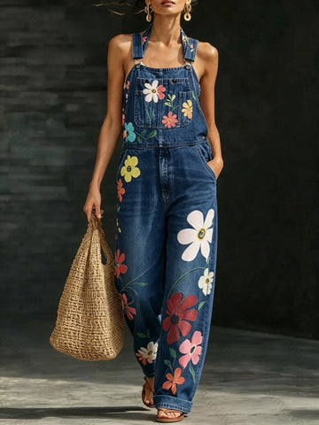 Women's Washed Denim Loose-Fit Sleeveless Jumpsuit with Straps  6604
