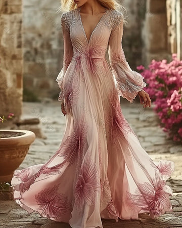 Women's Retro Bohemian Style Floral Embroidery Flowy Linen Maxi Dress  1466