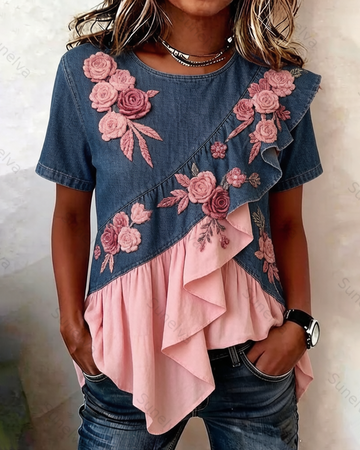 Women's Summer Contrast-Color Floral Embroidered Patchwork Linen Blouse 9726