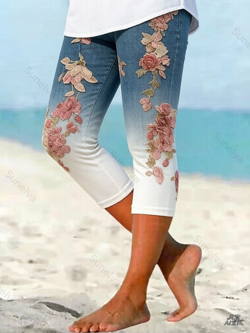 Women's Outdoor Fashion Gradient Color Floral Embroidery Leggings  8129