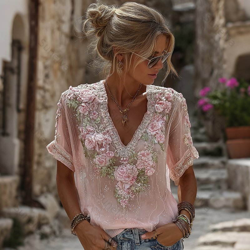 Women's Vintage Resort Embroidered Floral V-neck T-shirt 4972