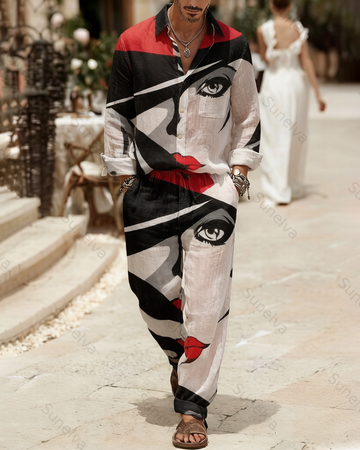 Men's Fashion Color-Blocked Print Long-Sleeve Shirt and Pants Two-Piece Set 7924