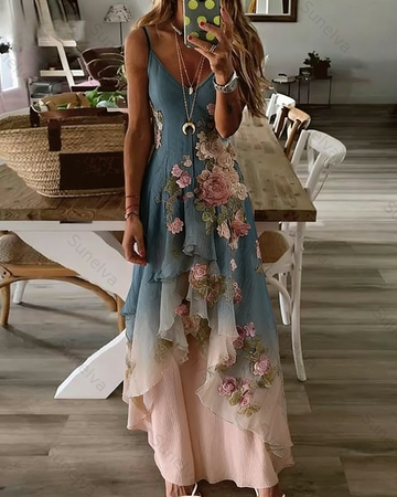 Women's Vacation Irregular Ruffle Flowers Embroidery Patchwork Dress 3520