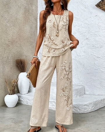Women's Summer Resort Floral Embroidered Linen Sleeveless Top & Pants Two-Piece Set 1328