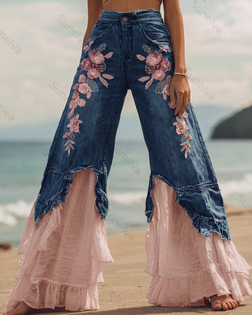 Summer vacation handmade floral embroidered denim patchwork linen pants 2782
