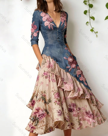 Women's Summer Floral Embroidered Color-Blocked Spaghetti-Strap Dress 4846