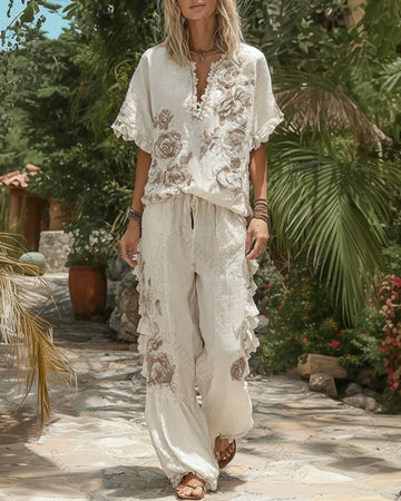 Women's Summer Floral Embroidered Linen Short-Sleeve Top and Long Pants Set 3562