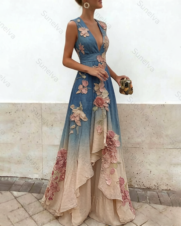 Women's Vacation Irregular Ruffle Flowers Embroidery Dress 7169