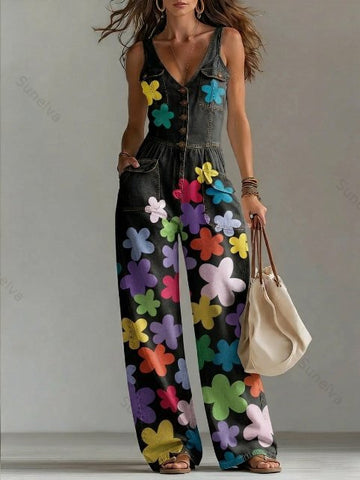 Women's Washed Denim Loose-Fit Sleeveless Jumpsuit with Straps  6174