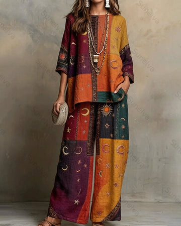 Women's Summer Resort Set with Star and Moon Embroidery and Rainbow Patchwork Linen Short-Sleeve Top & Pants  5402