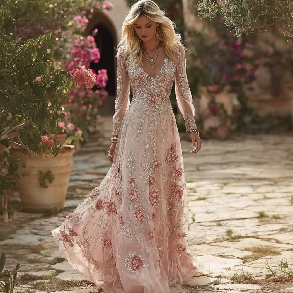 Vintage Boho Roses Embroidered Flowy Linen Maxi Dress 48fe