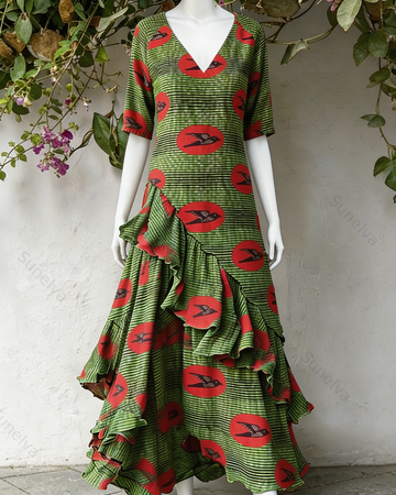 Women's Vacation Contrasting Color Irregular Ruffle Linen Dress 7770