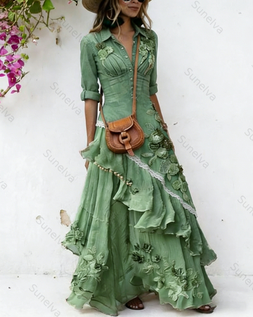 Women's Vacation Irregular Ruffle Flowers Embroidery Dress 4282