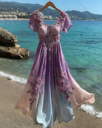Women's Summer Floral Embroidered Gradient Short-Sleeve Dress 8912