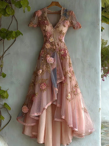Women's Retro Elegant Gradient Flowers Irregular Ruffle Linen Dress