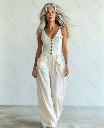 Women's Washed Denim Loose-Fit Sleeveless Jumpsuit with Straps5355
