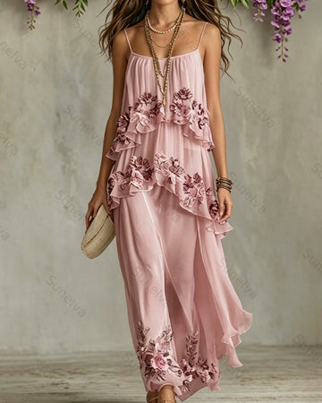 Women's Summer Pink Floral Embroidered Dress 4989