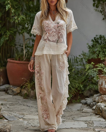 Women's Summer Floral Embroidered Linen Short-Sleeve Top and Long Pants Set 3142