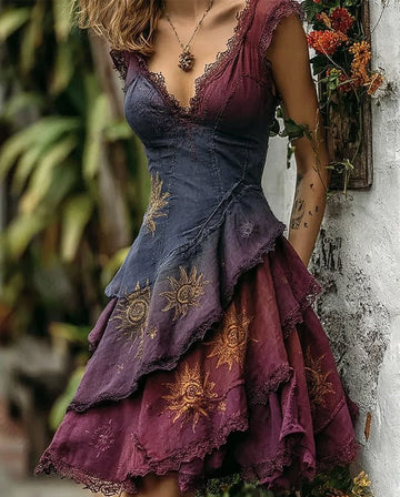 Women's Summer Boho-Chic Asymmetrical Ruffled Star and Moon Embroidered Dress 8087