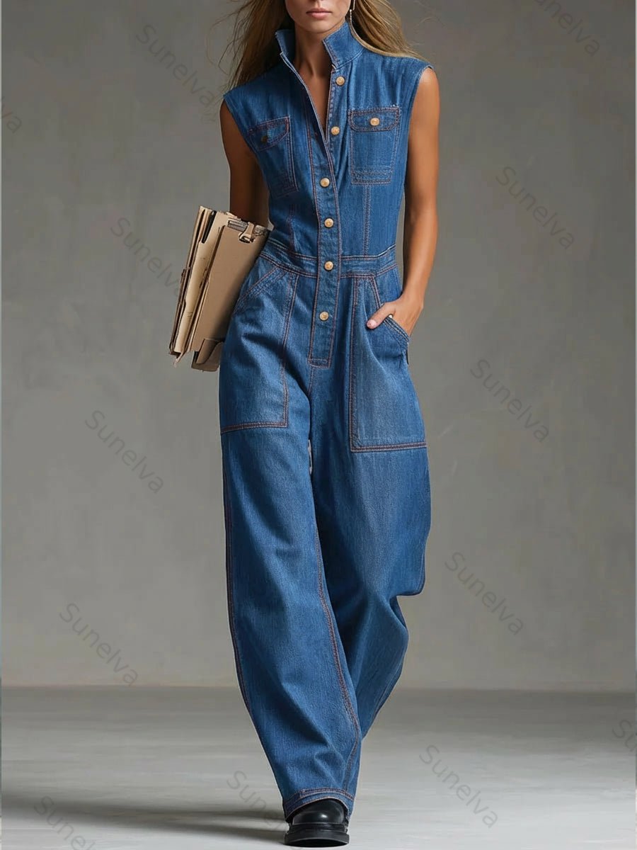 Women's Casual Sleeveless Cotton Denim Jumpsuit ab46