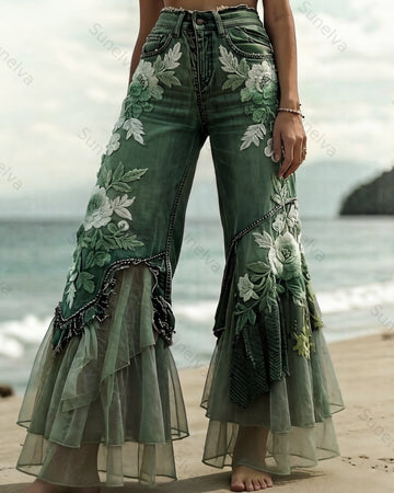 Summer vacation handmade floral embroidered denim patchwork linen pants 9520