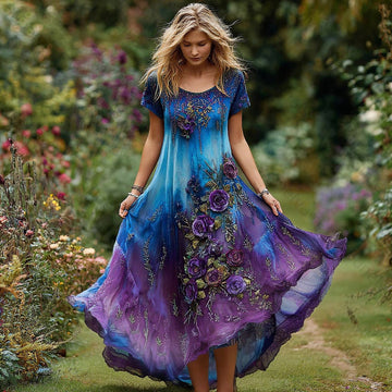 Women's Vintage Floral Embroidery Gradient Pattern Round Neck Dress 5e0e