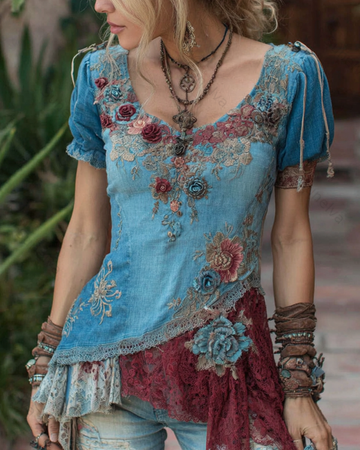 Women's Fashionable Floral Embroidered Asymmetrical Top 5125