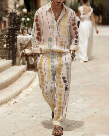 Men's Fashion Color-Blocked Print Long-Sleeve Shirt and Pants Two-Piece Set 3318