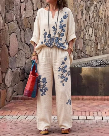 Women's Summer Resort Floral Embroidered Linen short-sleeved top & Pants Two-Piece Set   7418