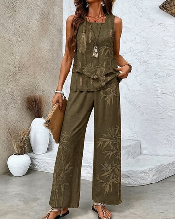 Women's Summer Vacation Bamboo Leaf Embroidered Linen Sleeveless Top & Pants Two-Piece Set 1783