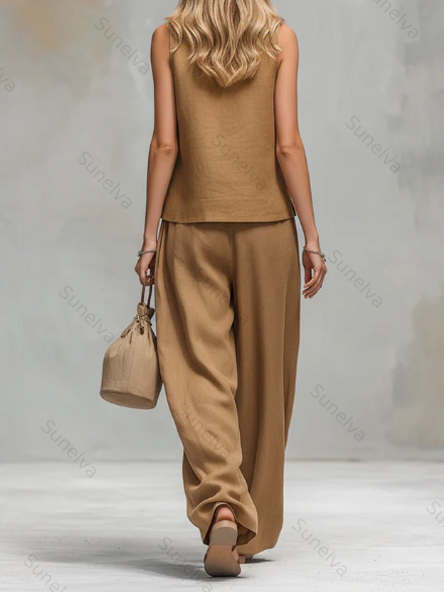 Comfortable And Casual V-neck Sleeveless Button-down Top And Trousers Set 7662