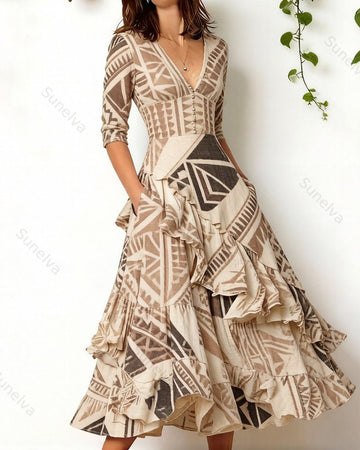 Women's elegant irregular ruffled linen patchwork dress 8504