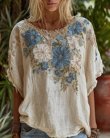 Women's Summer Fashion: Color-Blocked Floral Embroidered Linen Short-Sleeve Top 3367