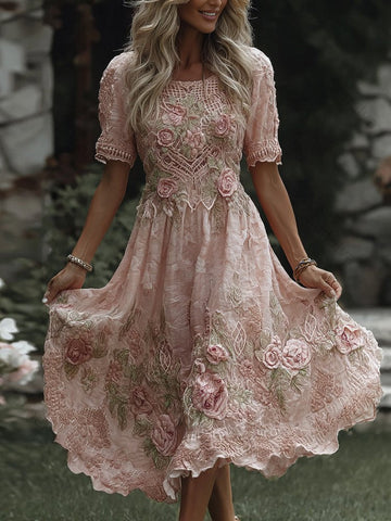 Women's Floral Art Print Flowy Linen Blend Casual Short Sleeve Maxi Dress dd62