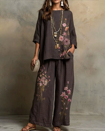 Women's Summer Resort Floral Embroidered Linen short-sleeved top & Pants Two-Piece Set   9873