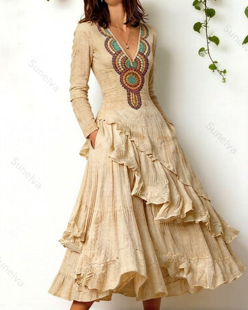 Women's elegant irregular ruffled linen patchwork dress 8878