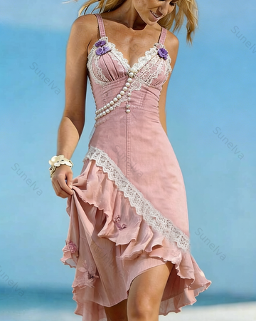 Women's Resort Irregular Ruffled Floral Embroidered Dress 2973