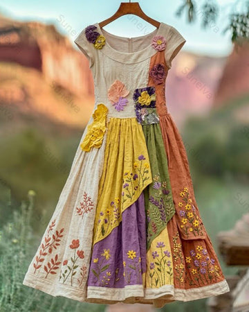 Women's Summer Vacation Floral Embroidered Color-Blocked Short-Sleeve Dress 9212